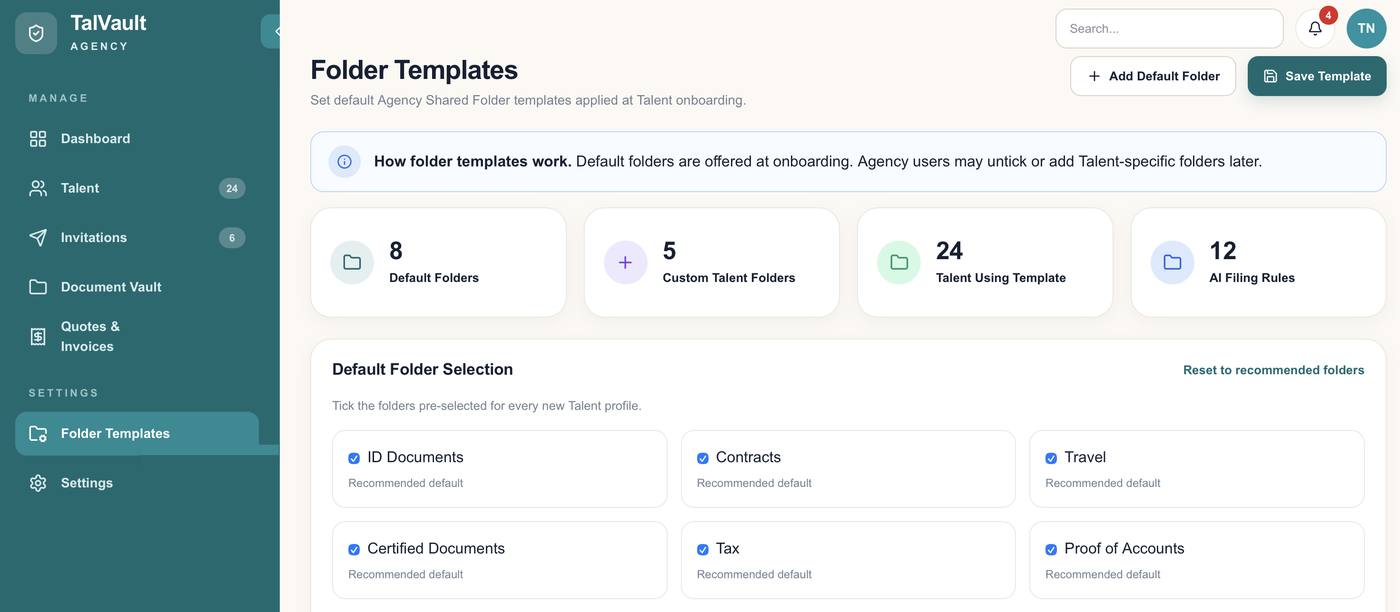 TalVault Agency Dashboard showing folder templates