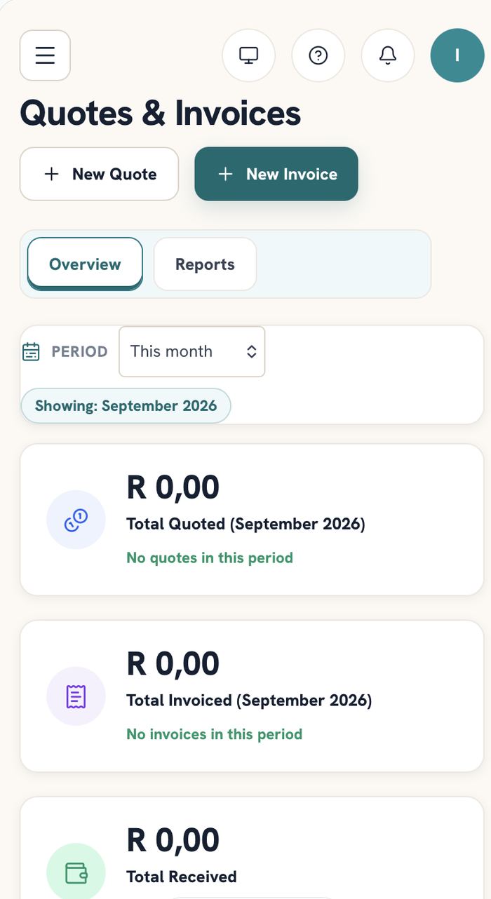 TalVault mobile app showing quotes and invoices