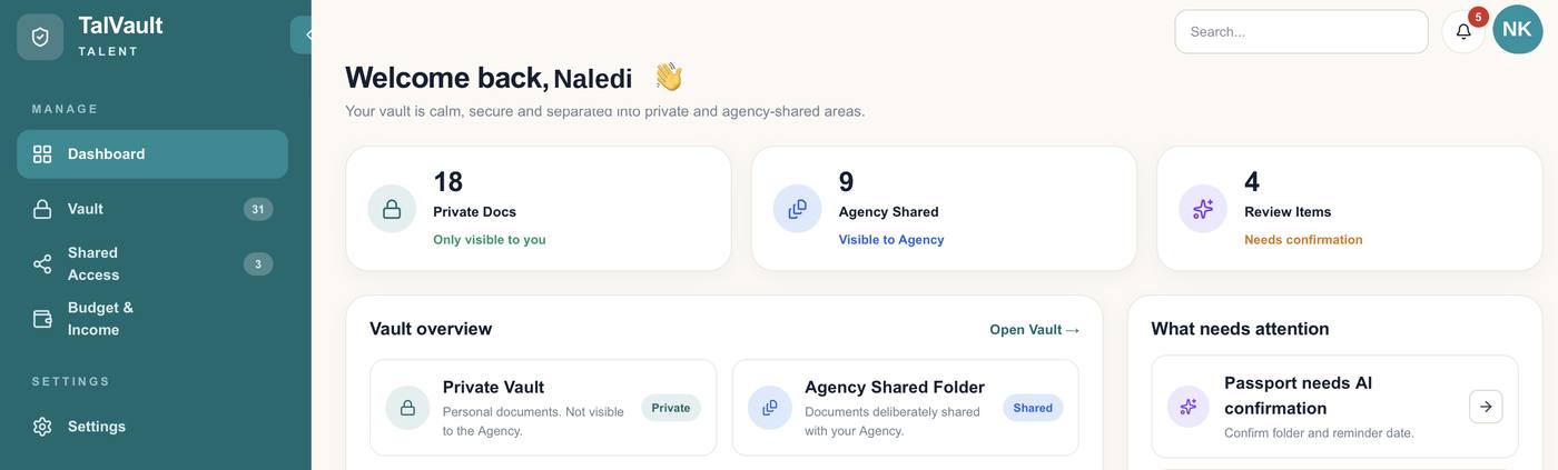 TalVault Talent Dashboard vault overview