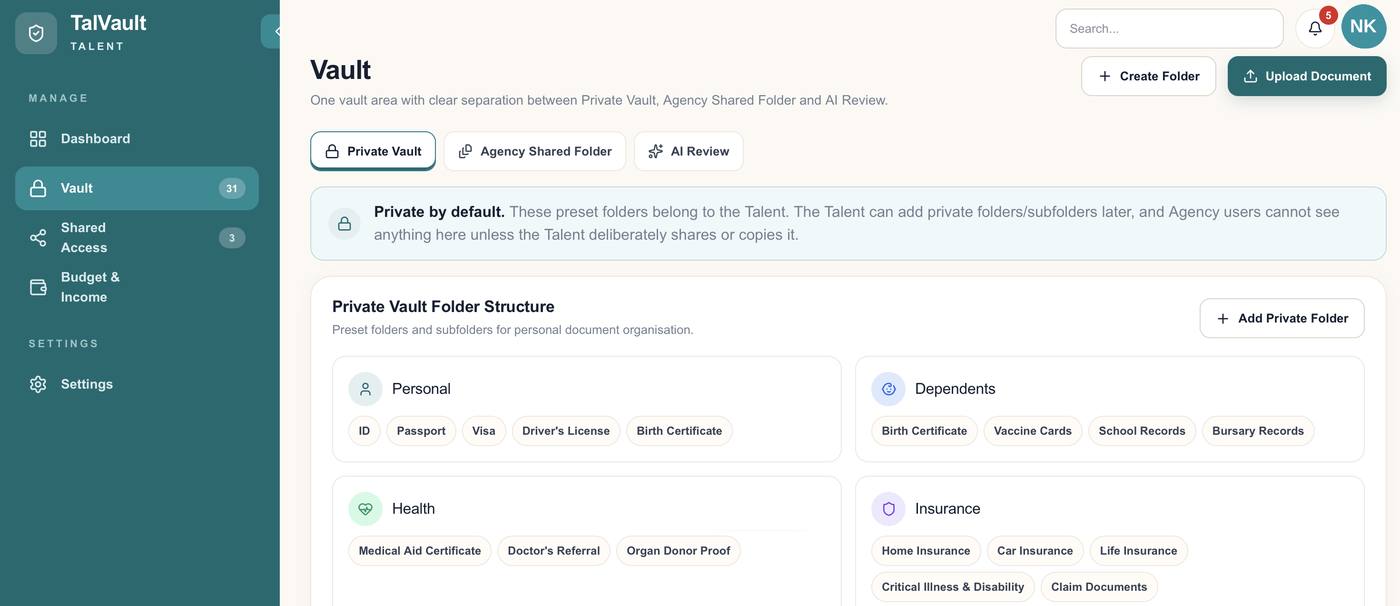 TalVault Talent Vault private folder structure